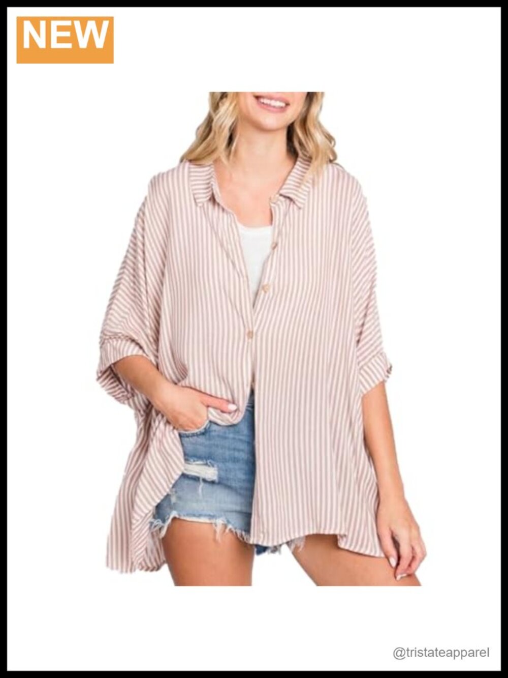 Oversized Striped 3/4 Sleeve V-Neck Collared Button Down Blouse Tunic Top